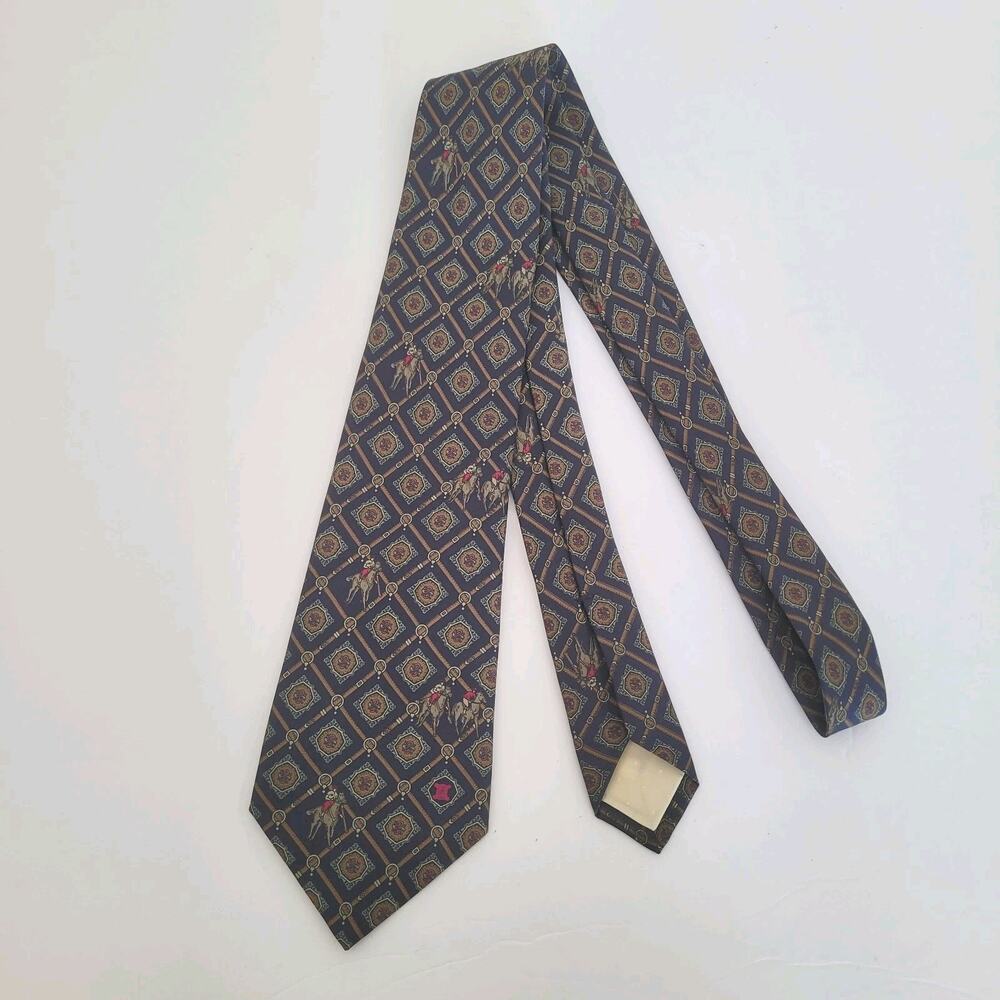 Celine Men's Neck Tie Made In Spain Designer Silk Equestrian Polo Geometric